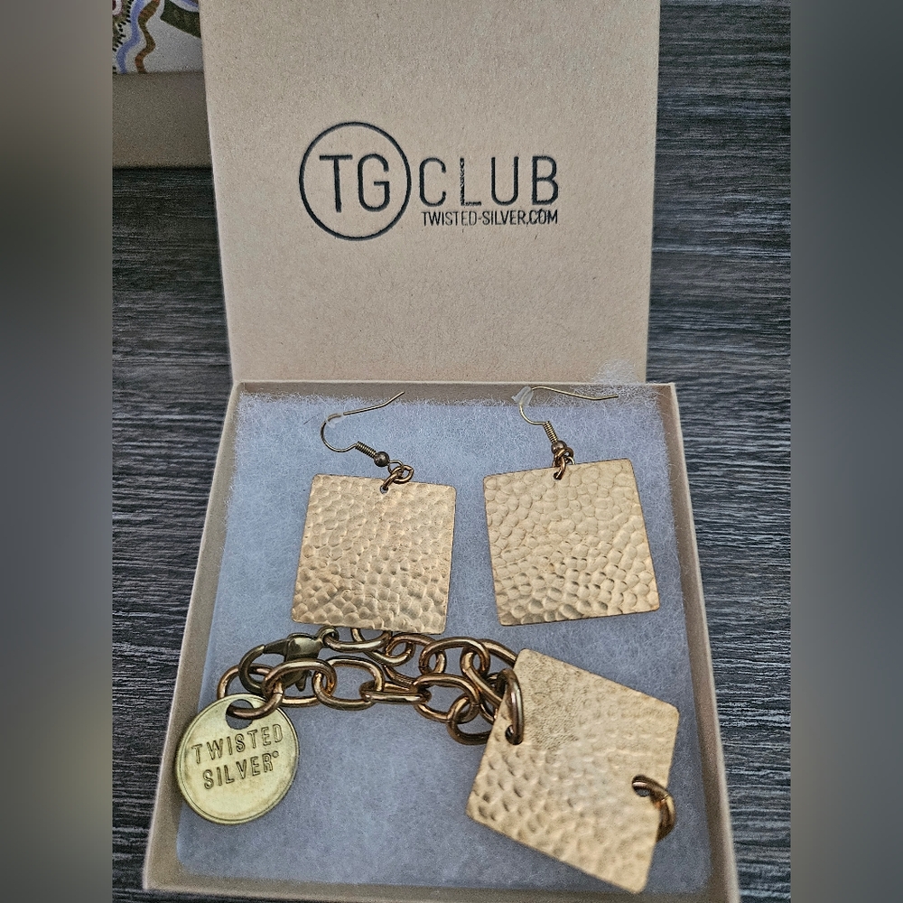 New Twisted Silver Brass Hammered Square Earrings and Bracelet Set